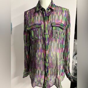 Women’s Long Sleeve Silk Blouse, Small, Multicolored Stripes, by Worth New York